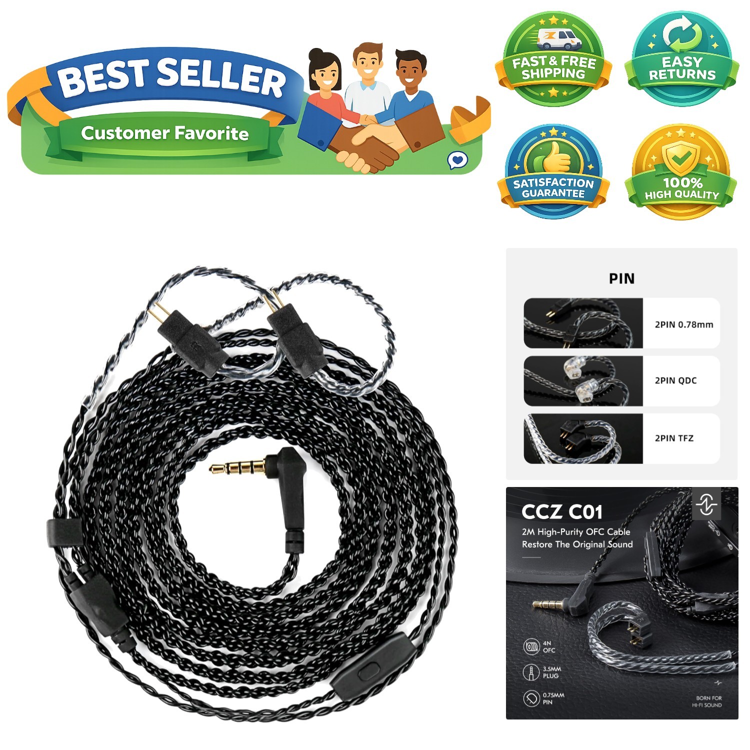 2M 2pin IEM Cable,2-Meter Long Earbud Cords with Silver-Plated Headphone Exte...