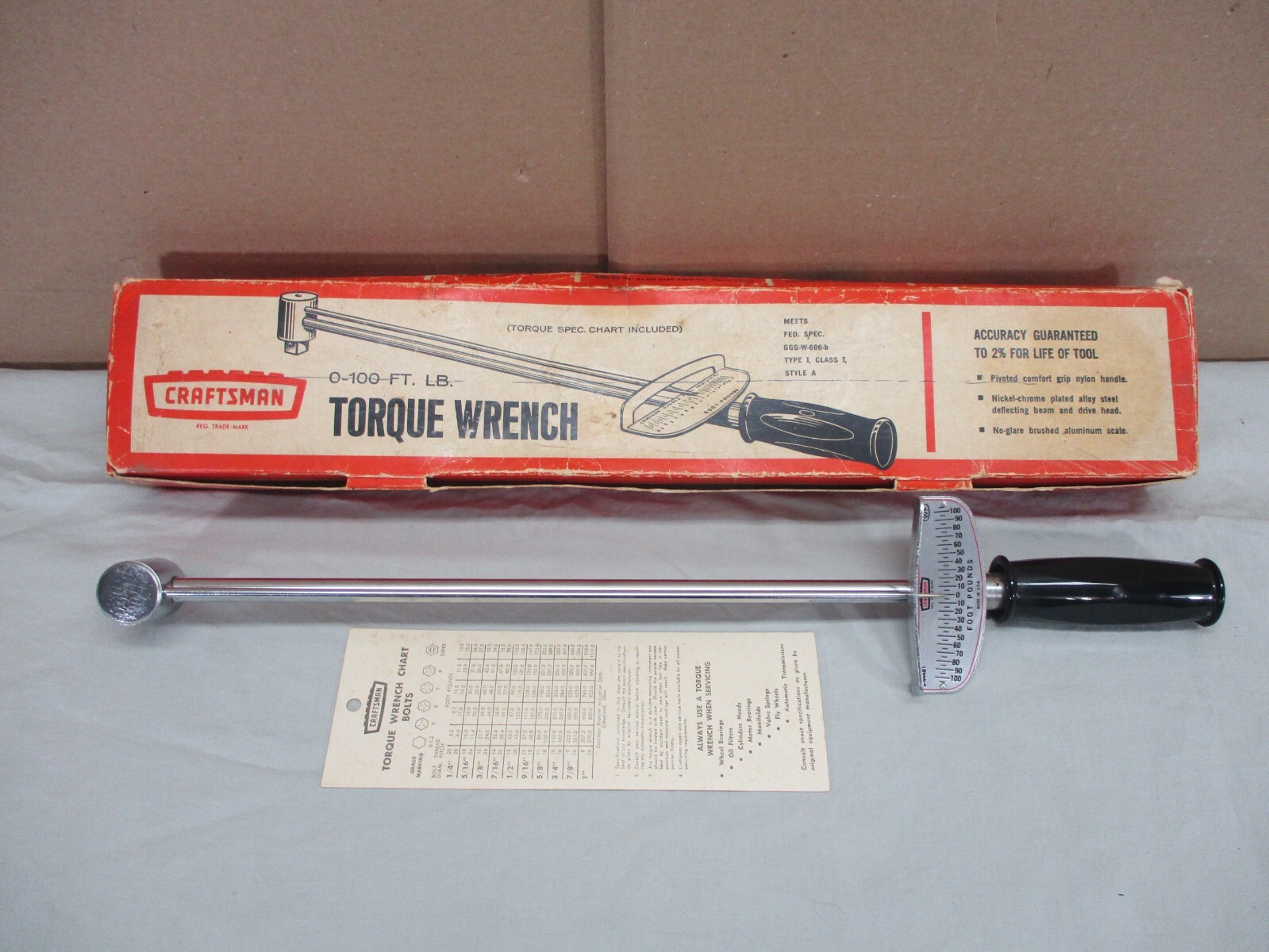 Vtg Craftsman Torque Wrench Model 9-44481 0-100 FT/LB 1/2" Drive 0-100 ft/lb