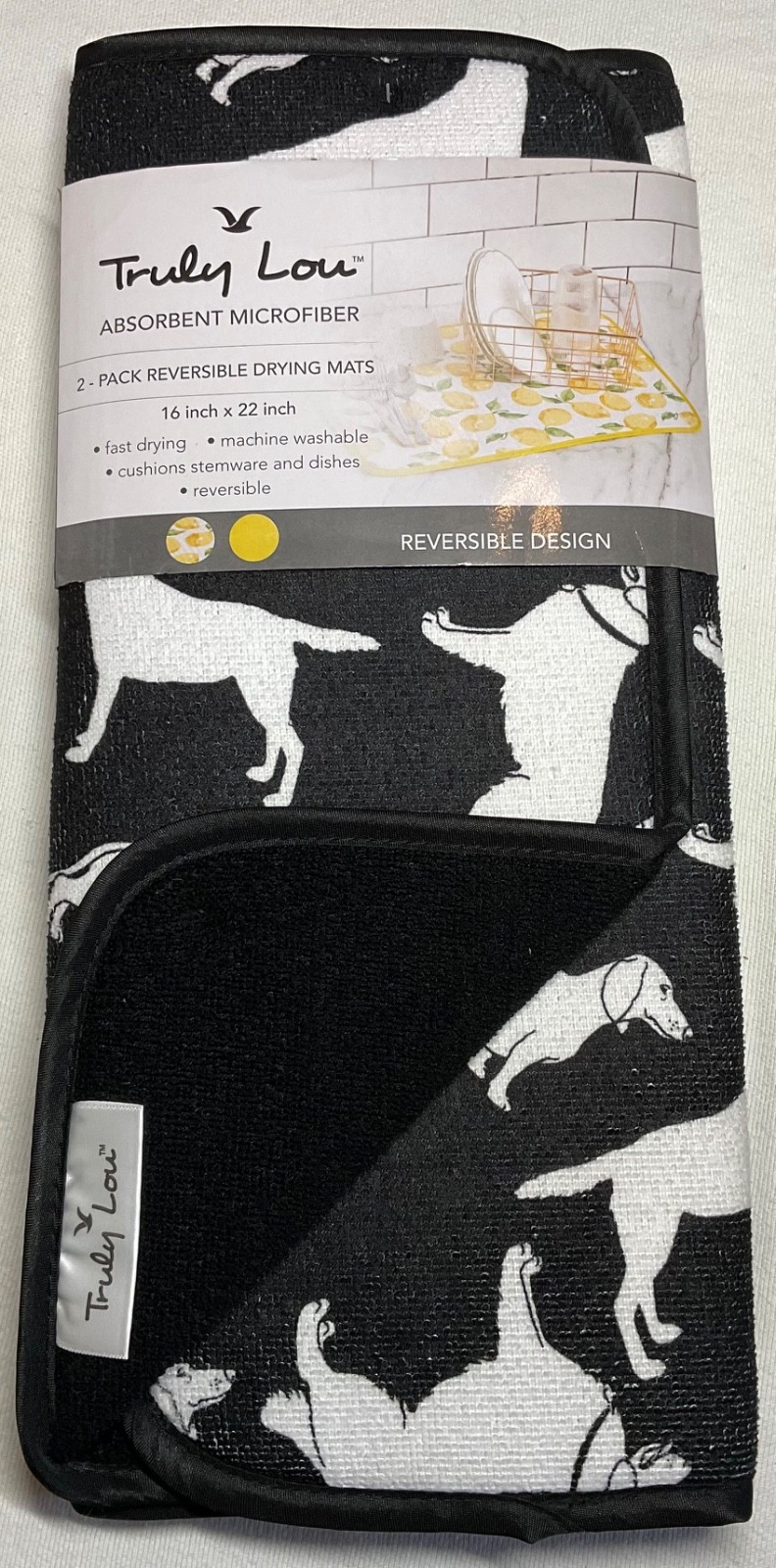 TRULY LOU REVERSIBLE DRYING MATS (2) BLACK WHITE DOGS 16 X 22 100% POLYESTER NIP