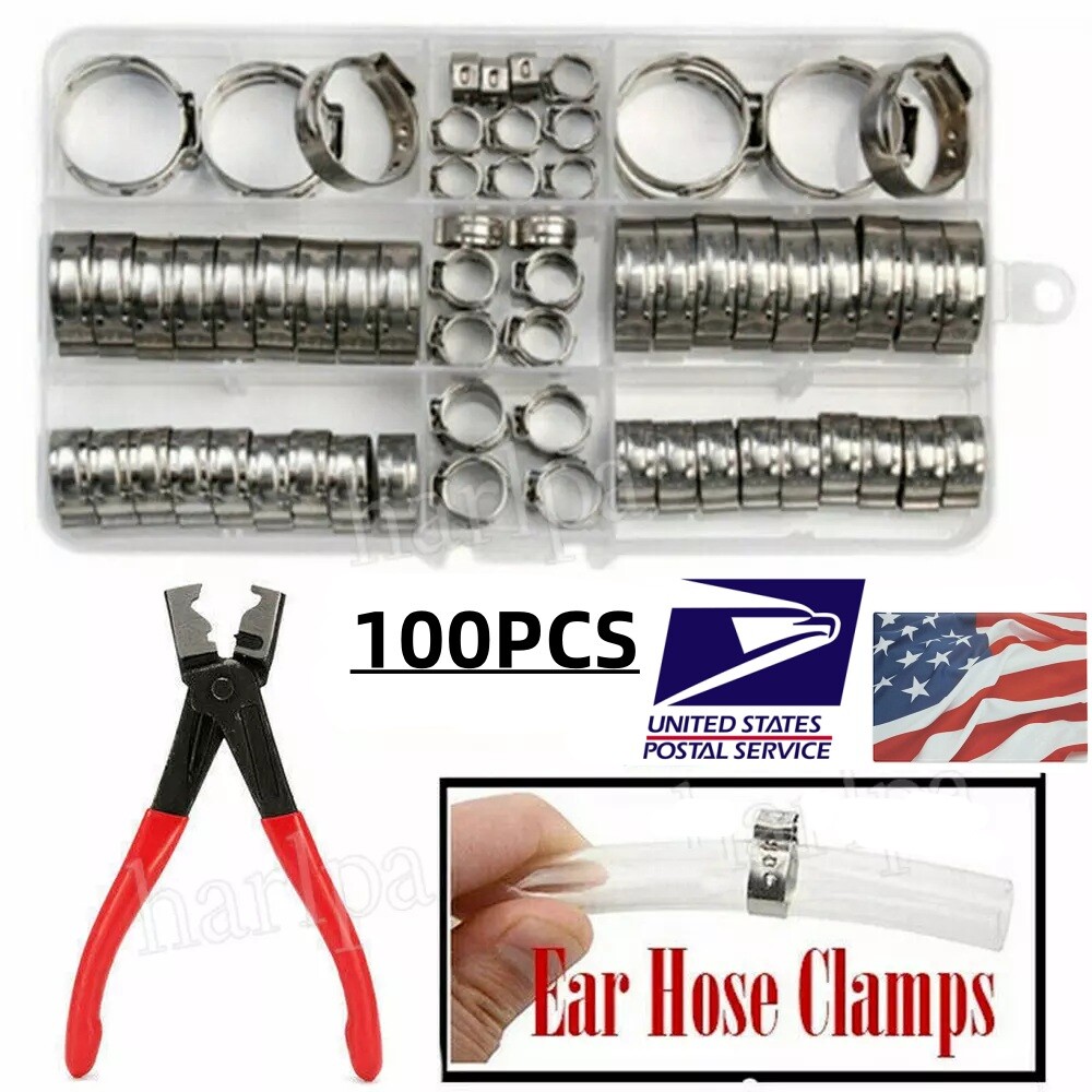 100PCS Hose Clamp Single Ear Stainless Steel Clip Crimp Air Water Fuel Pipe Set