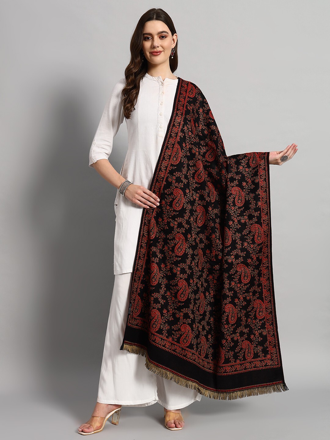 Womens Oversize Cashmere Indian Wool Blanket Shawl Wrap Black Paisley Scarf 80"