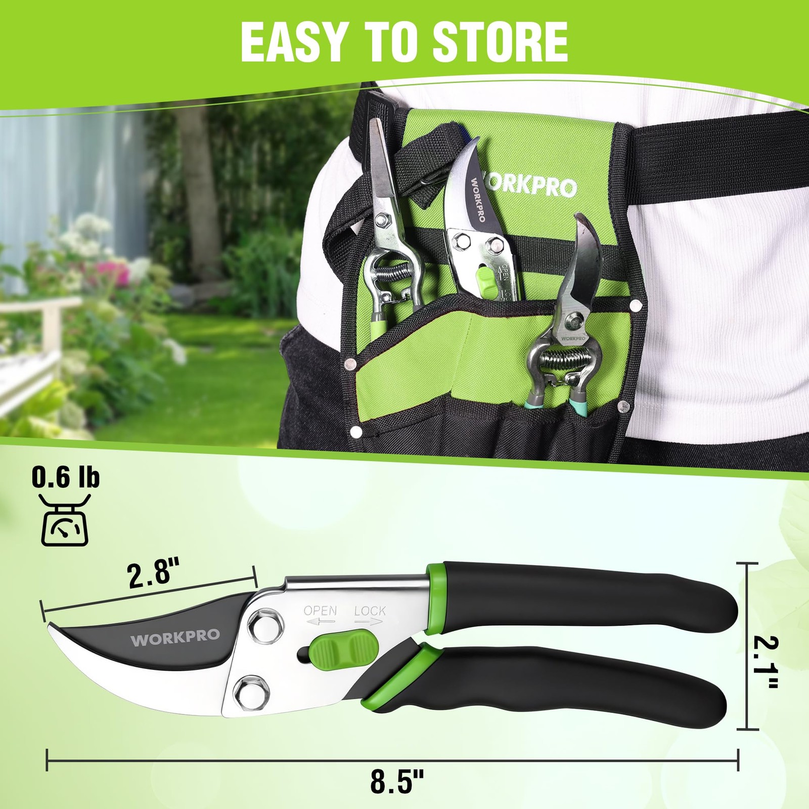 WORKPRO Bypass Pruning Shears, 8.5" Hand Pruner with Non-Slip Grip