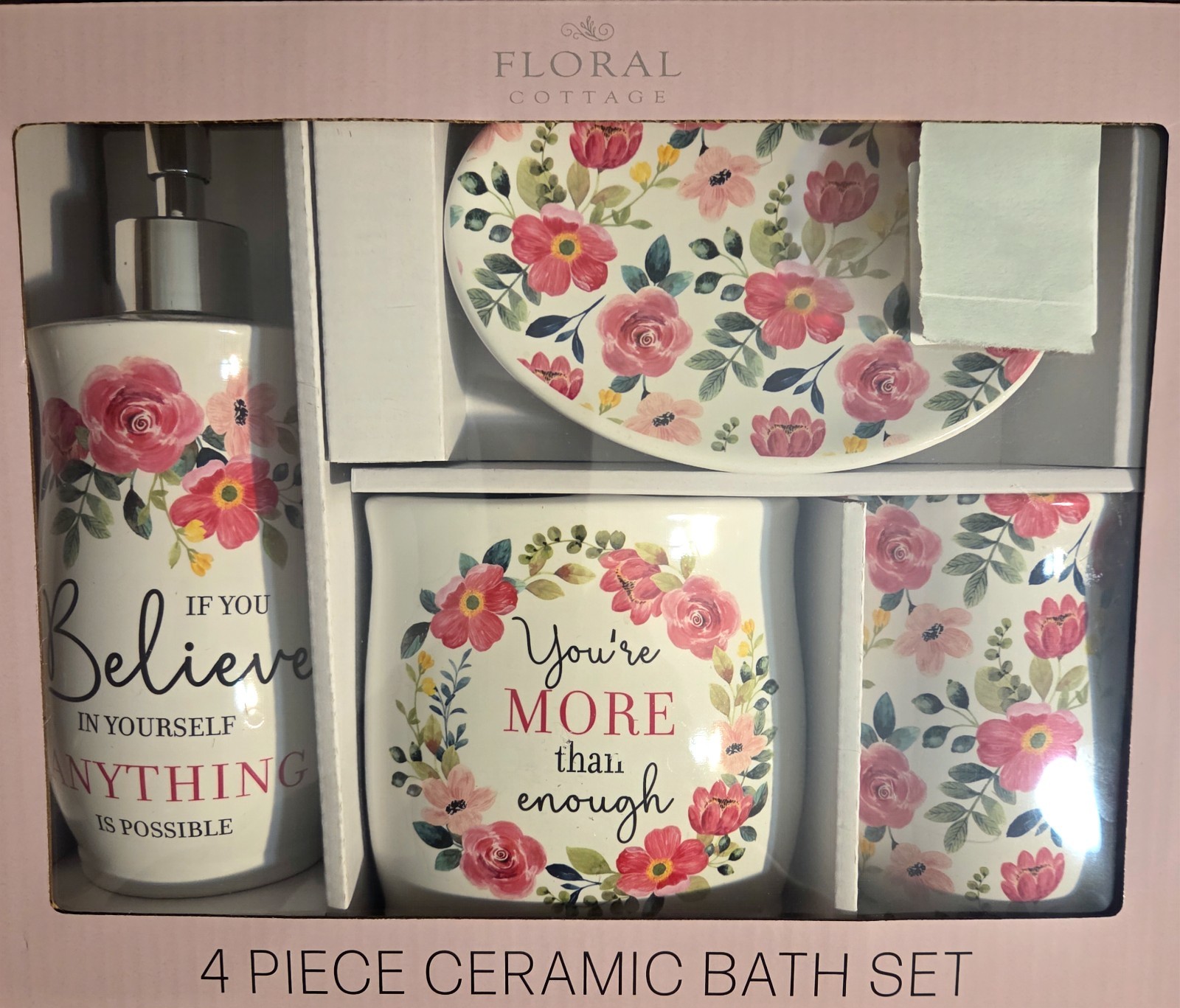 Floral Ceramic Set - 4pc, Soap Dispenser, Dish, Toothbrush, Tumbler