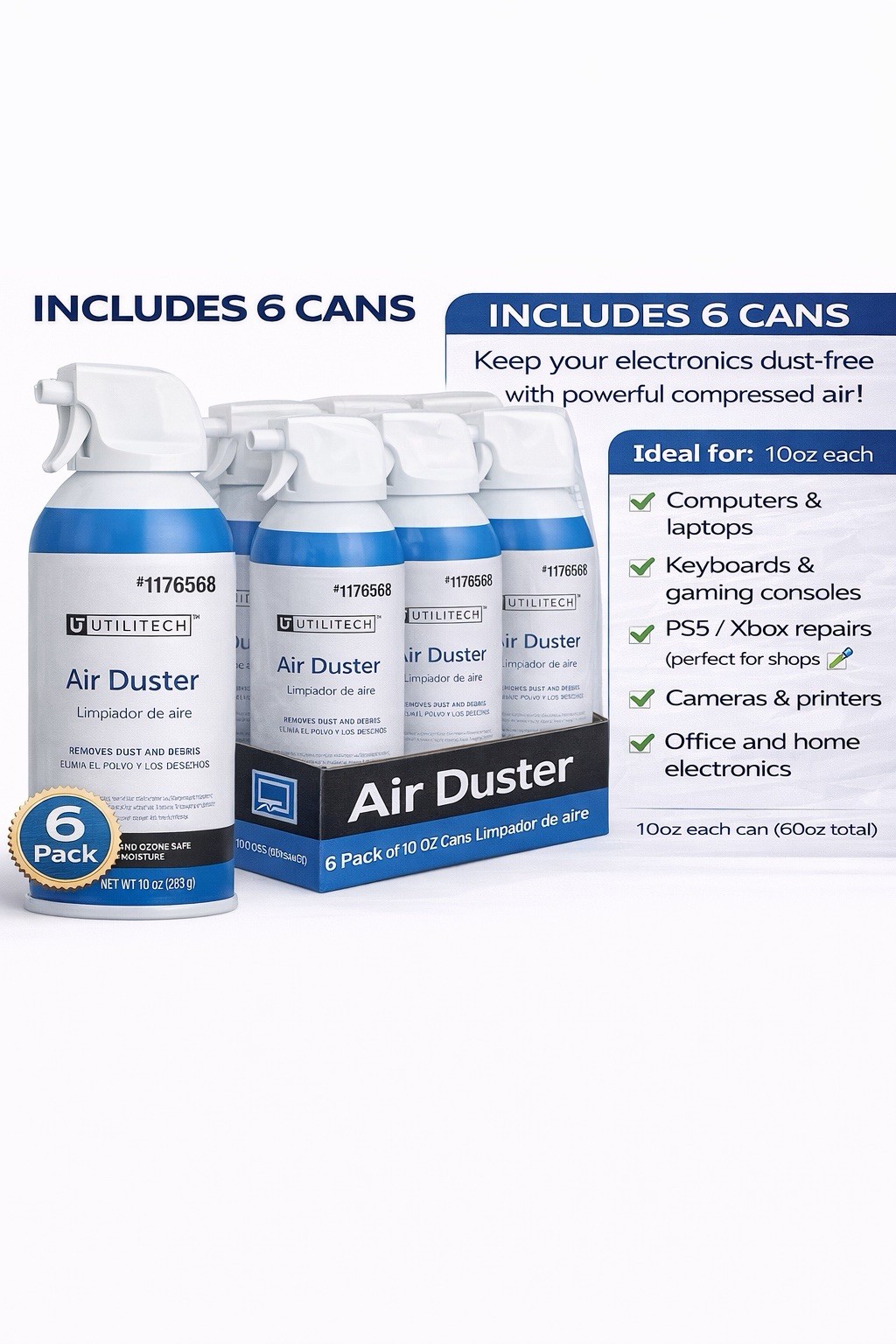 Utilitech Air Duster 10oz (6 Pack) Compressed Air For Electronics Cleaning