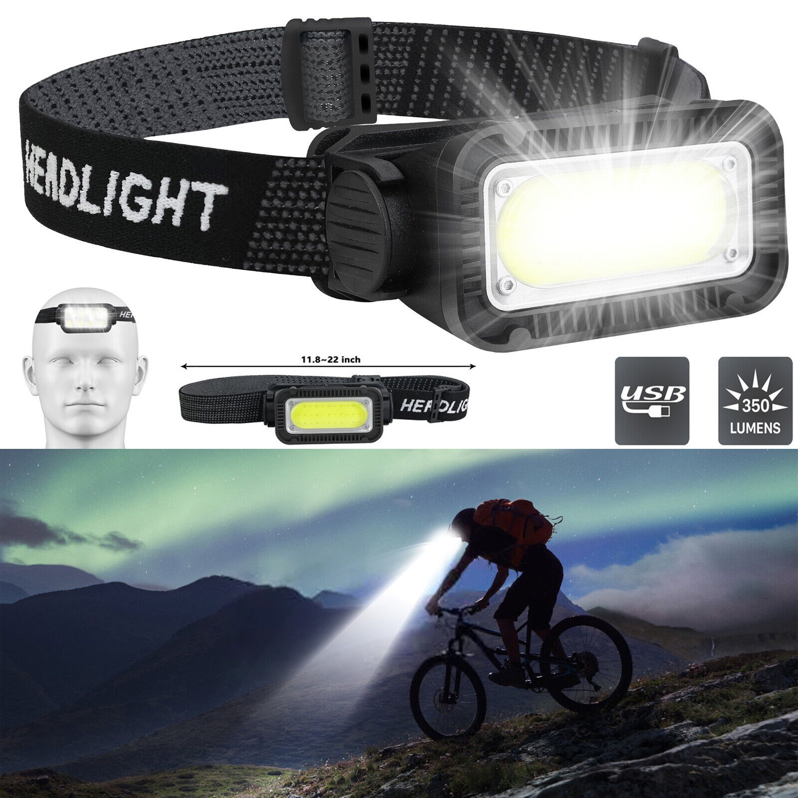 USB Rechargeable LED Headlamp Headlight Lamp Torch Flashlight W/ Charging Cable