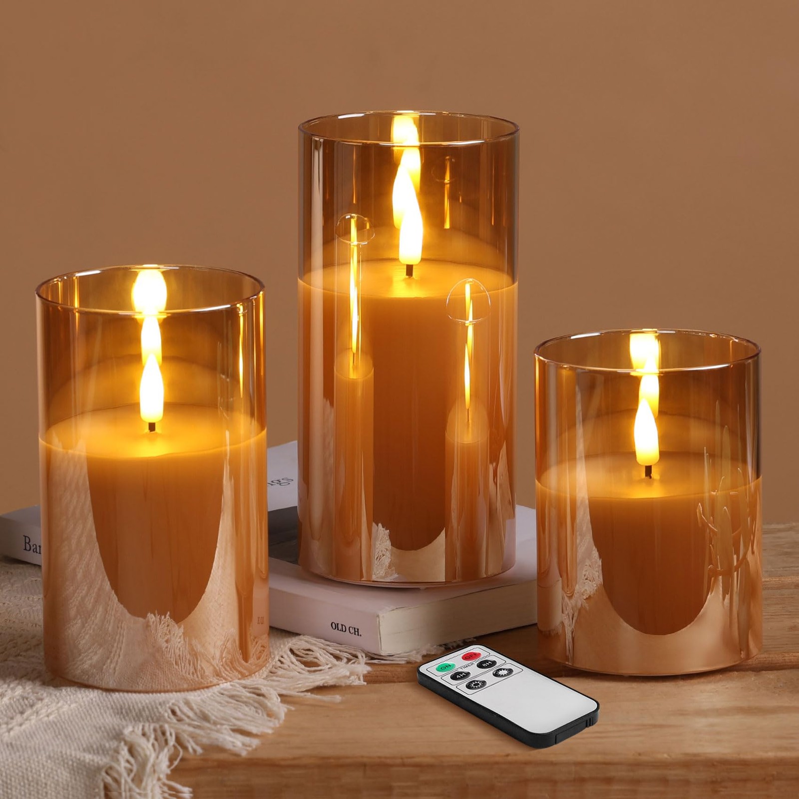 Eywamage Gold Glass Flameless Pillar Candles with 3x4", 3x5", 3x6'',