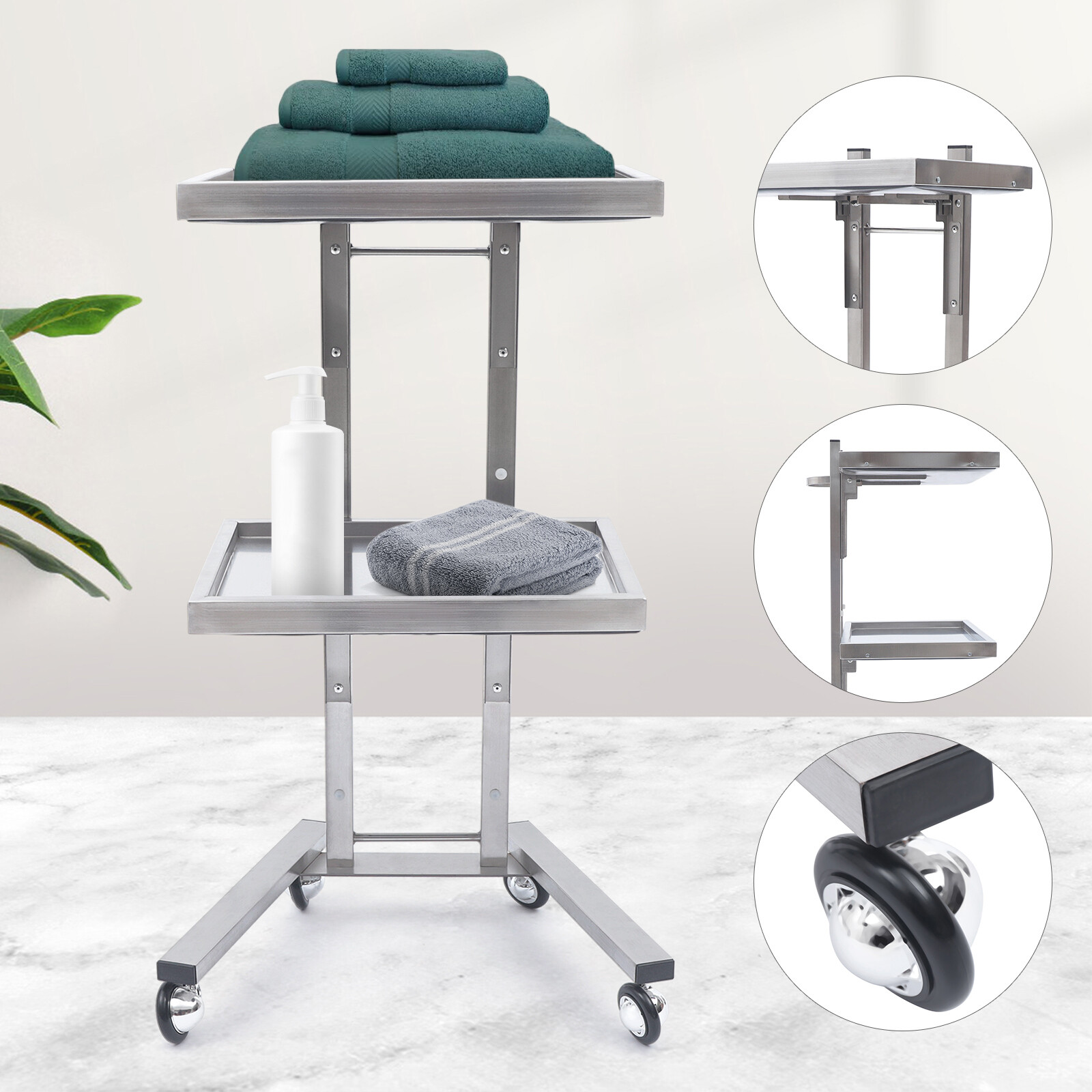 Stainless Steel Trolley Cart 2 Tier Hair Salon Tattoo Medical Tray Cart Silver