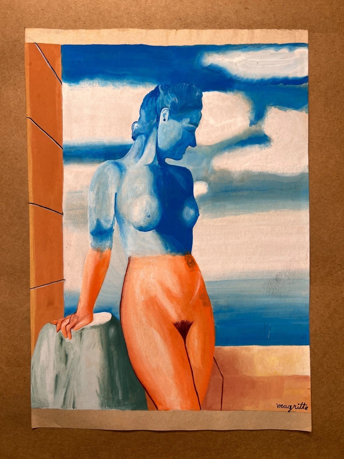 Rene Magritte (Handmade) Drawing On old Paper Signed & Stamped Mixed Media