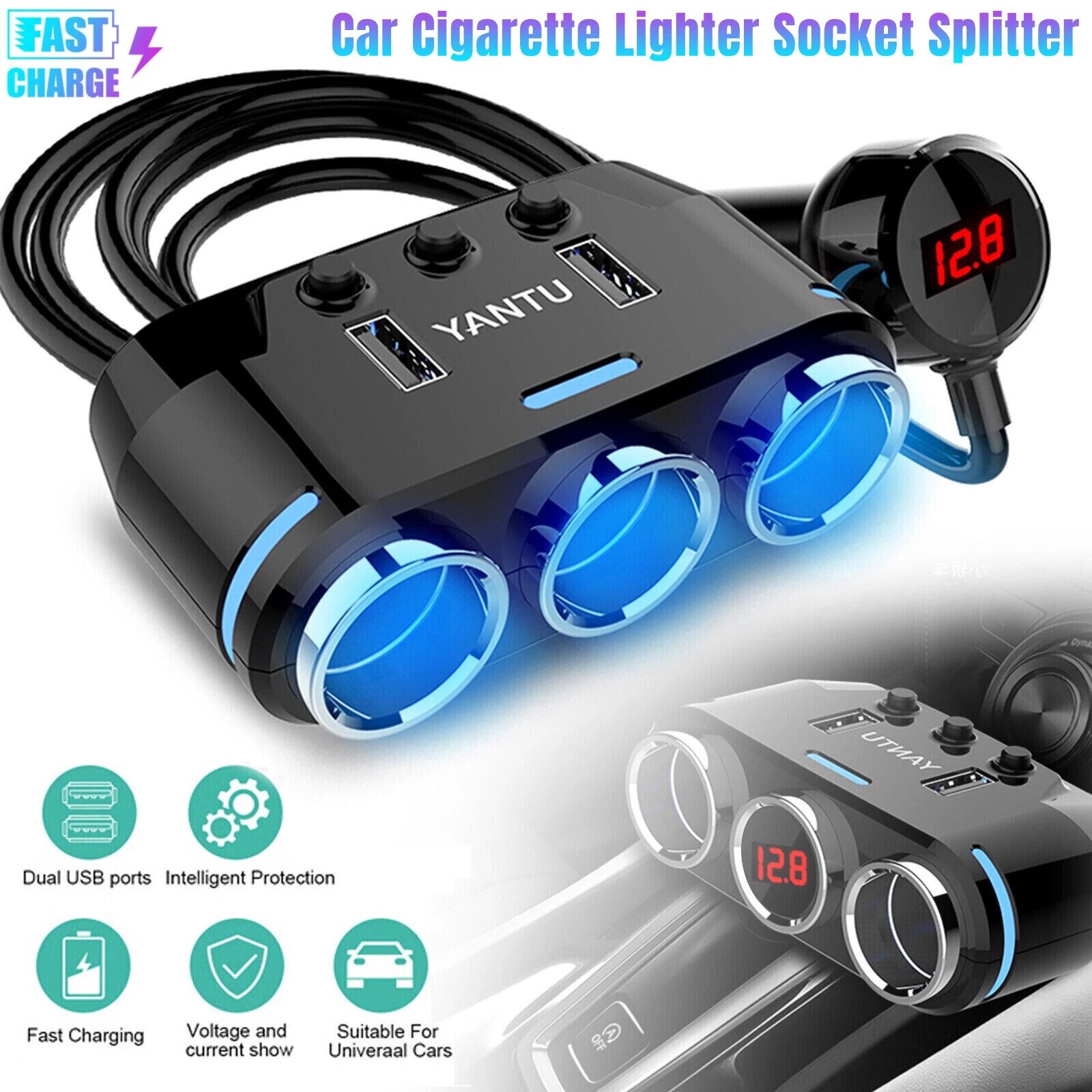 5-in-1 3Way Car Cigarette Lighter Socket Splitter Fast Charger Power Adapter 12V