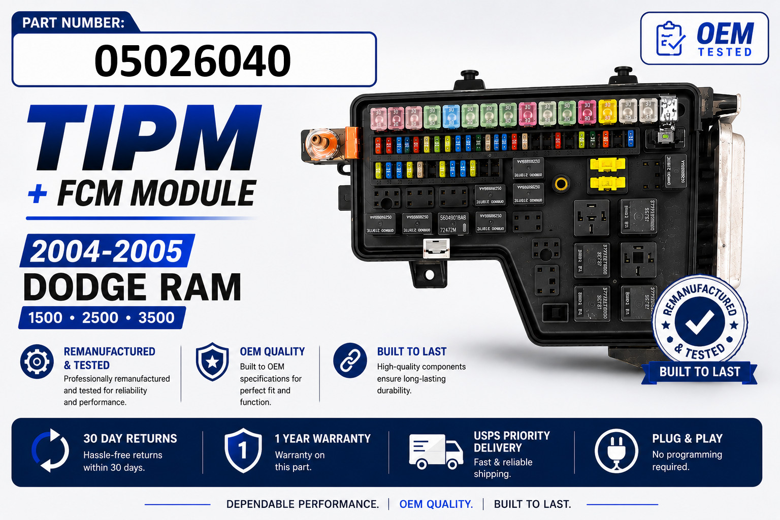 05026040⚠️ 2004-2005 Dodge RAM  1500, 2500, 3500 OEM Rebuilt TIPM Fuse Box