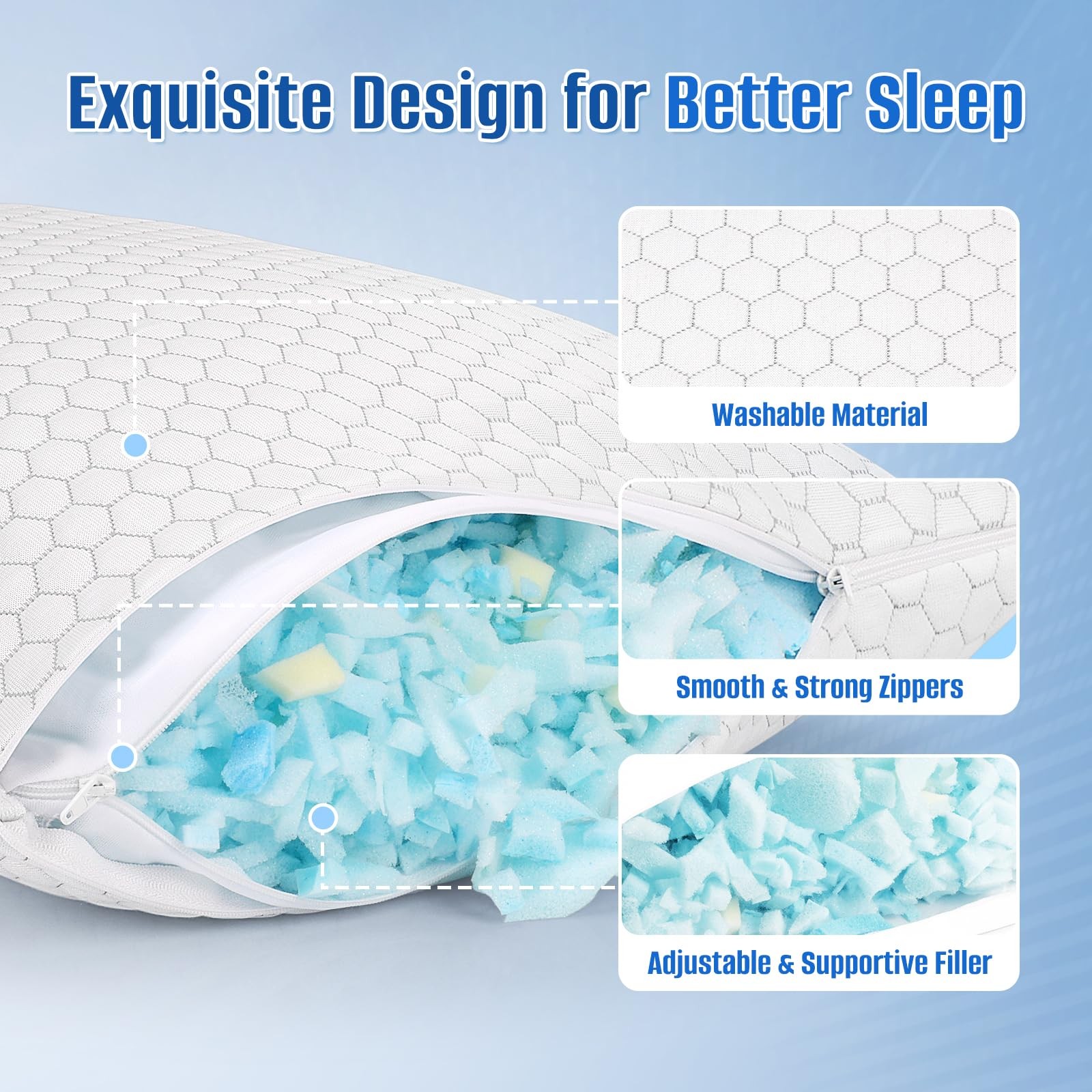 Memory Foam Bed Pillow, Adjustable Cooling Pillow Set Of 2, Queen, White