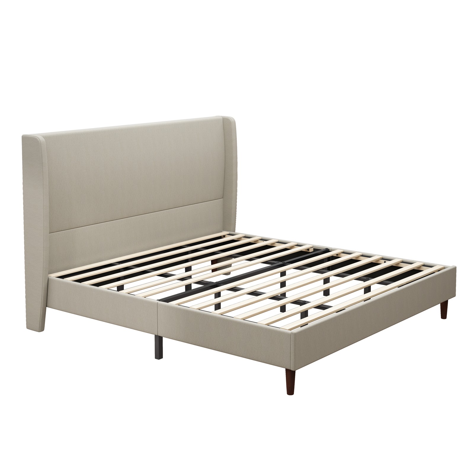 High Headboard Upholstered Bed,Beige, Linen Cloth, Platform Bed