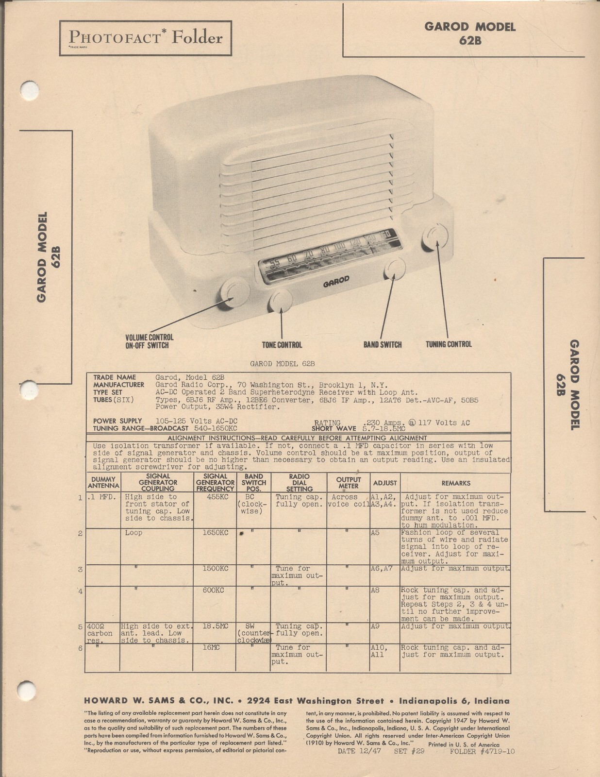 GAROD Model 62B, SAMS Photofact 1947, 4 Pages , NOS