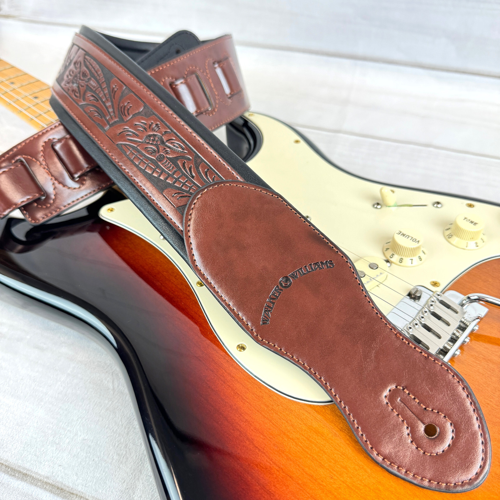 Walker And Williams G-110 Mahogany Brown Padded Strap with Embossed Tooling 