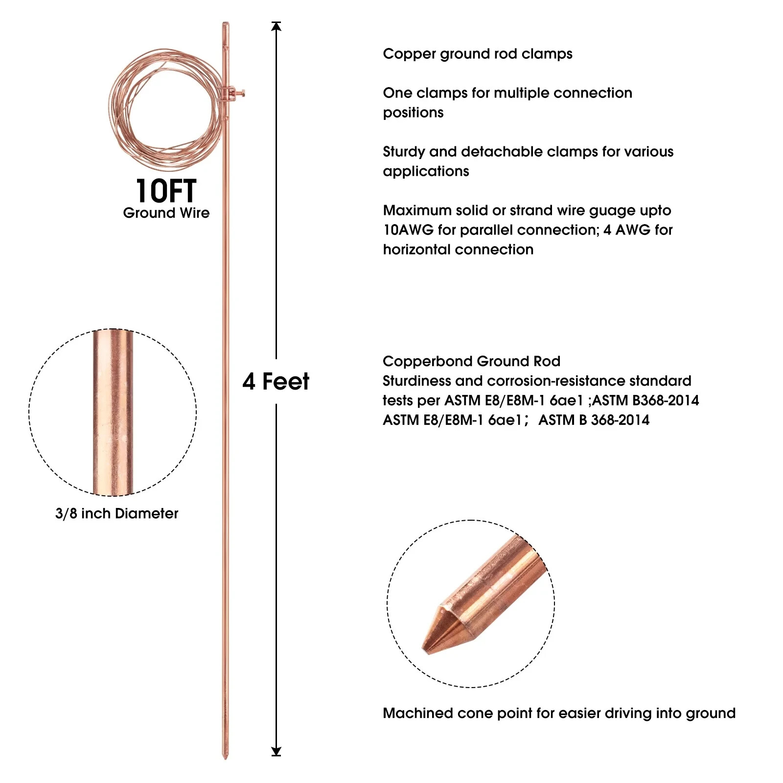 4ft Ground Rod - Copper Clad Grounding Rod per ASTM E8/E8M with 10ft Ground Wire