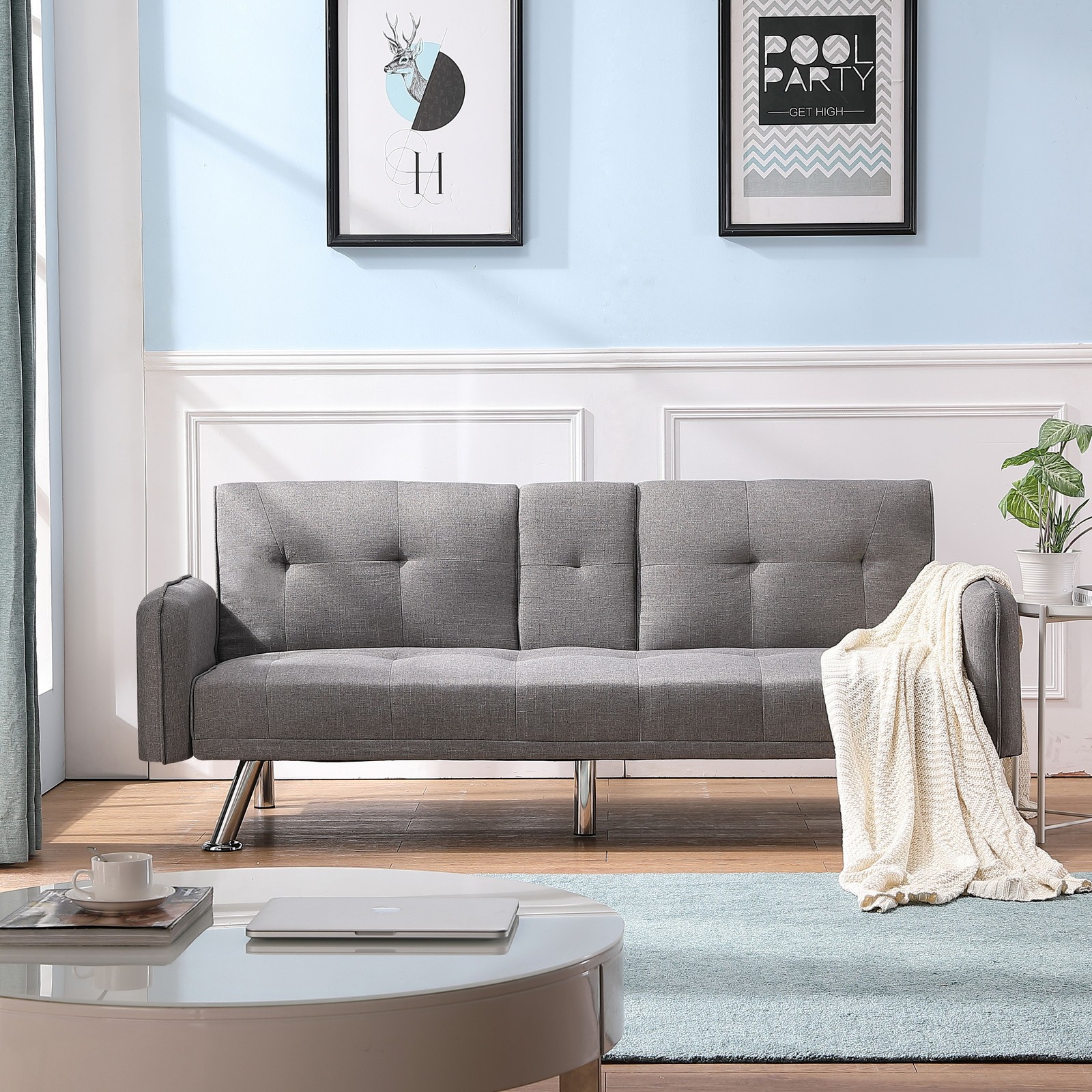 74.4" Futon Sofa Bed Twin Sleeper 2 Cup Holders 3-Position Adjustable Linen Gray