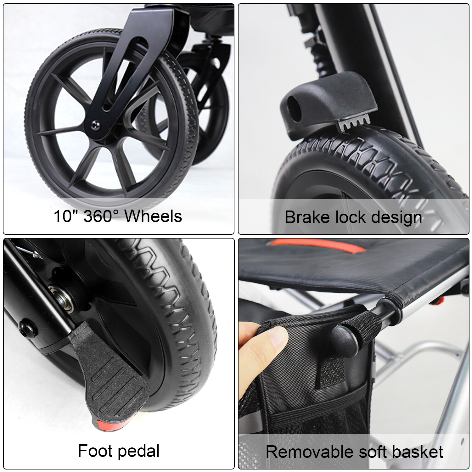 Rollator walker for Seniors Lightweight Foldable 10 inch Wheel 300lbs Silver