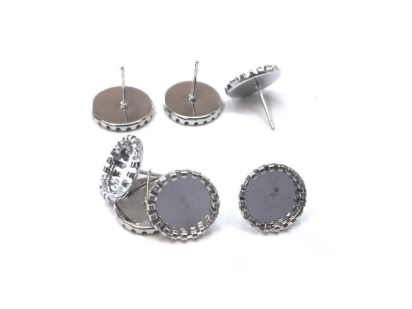 10 pcs. Silver Tone Earring Posts Studs Bezels Cabochons Tacks 12mm Bubble Frame