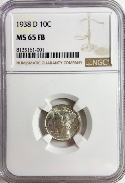 1938D Silver Mercury Dime 10C - NGC MS65 FB - Brilliant White Luster!