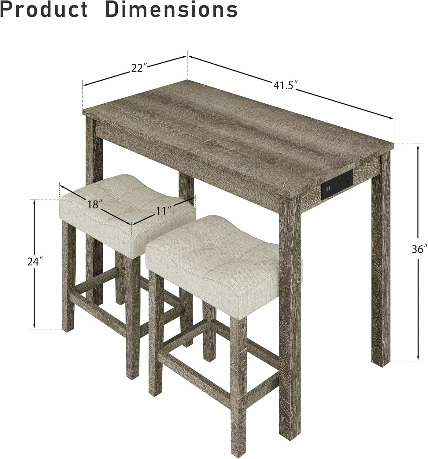 3-Piece Counter Height Bar Table Set with Socket and 2 Fabric Padded Bar Stools,