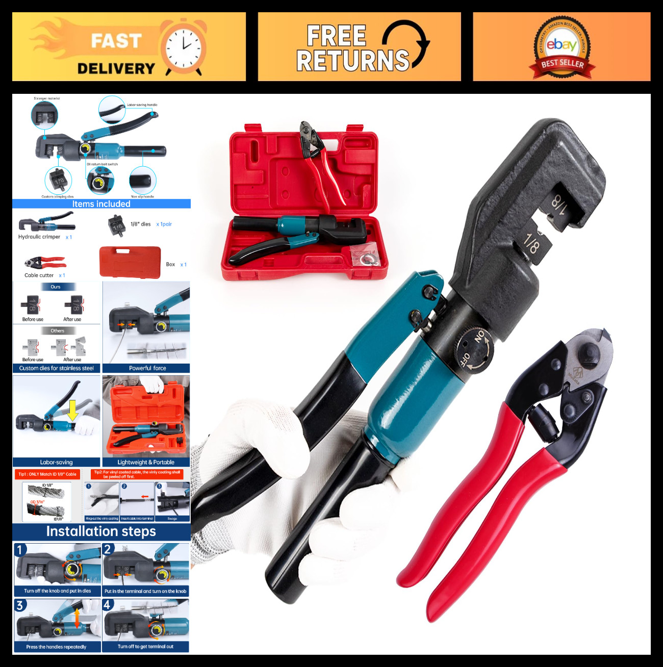 Hydraulic Crimping Tool for 1/8" Stainless Steel Wire Rope - Cable Railing Swagi