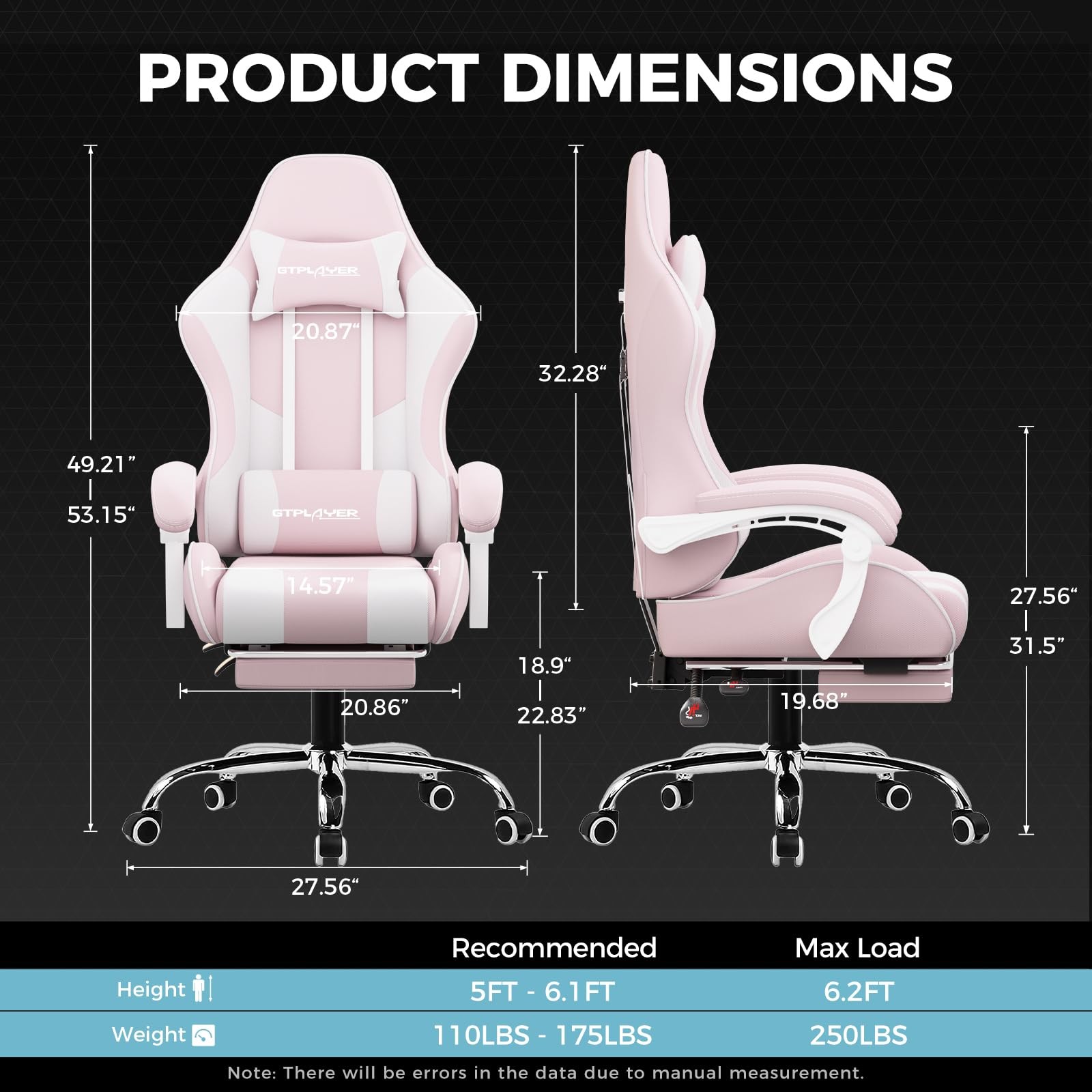 GTPLAYER Gaming Chair 20.05 inches x 20.08 x 49.21 inches, Fabric Pink
