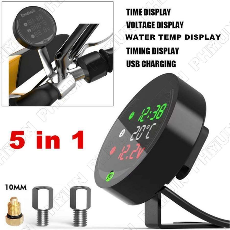 5 IN 1 Digital Motorcycle Water Temperature Voltage Meter w/22mm Sensor Adapter