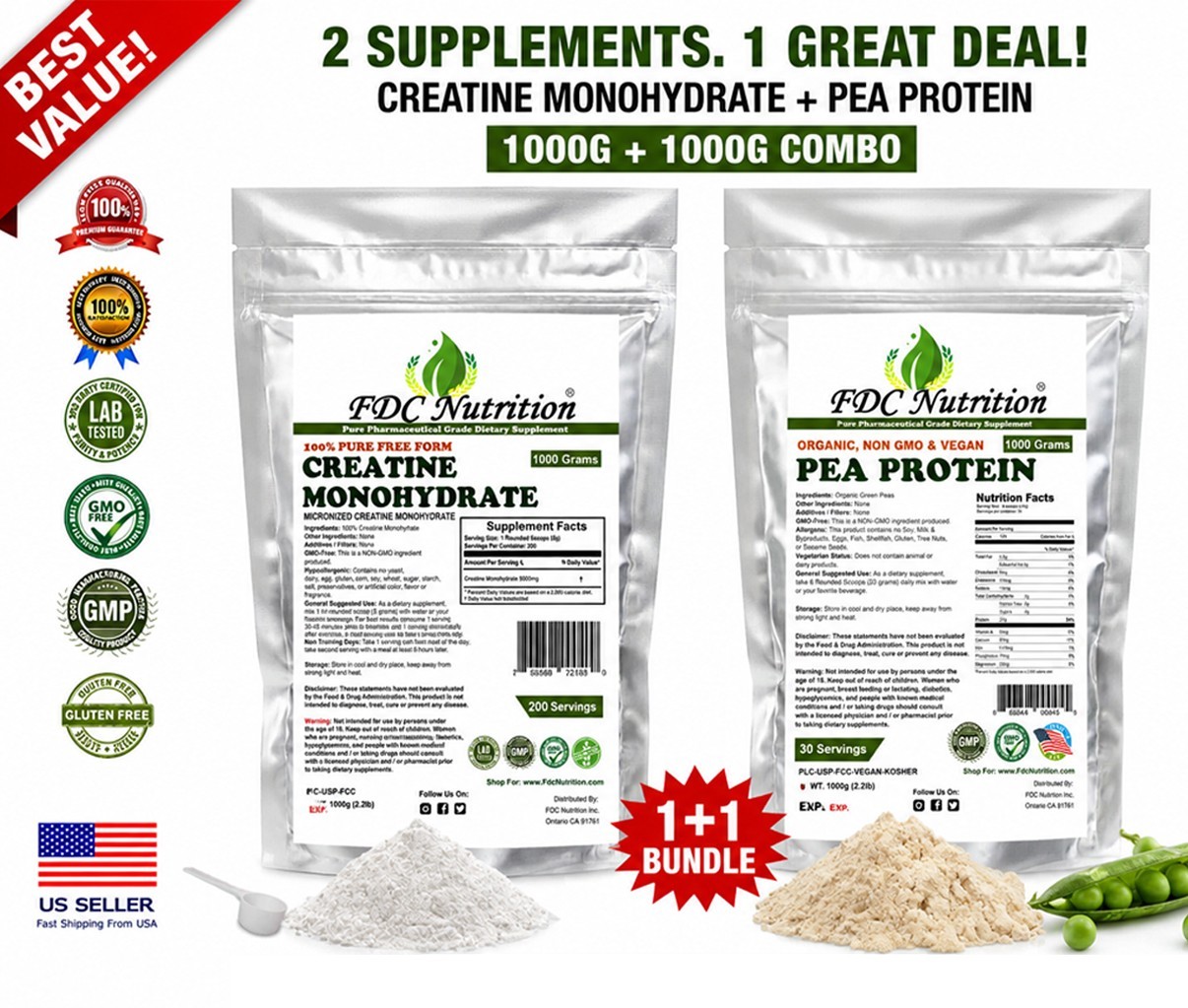 Creatine Monohydrate Powder+Pea Protein+Arginine HCL Powder Bundle Nutrition