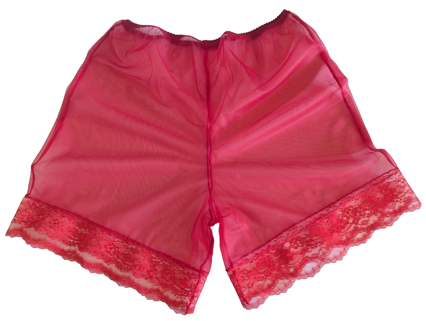 Red SHEER NYLON Pettipants LACY Sleep Shorts INSEAM 7" * WAIST 30 - 42" **