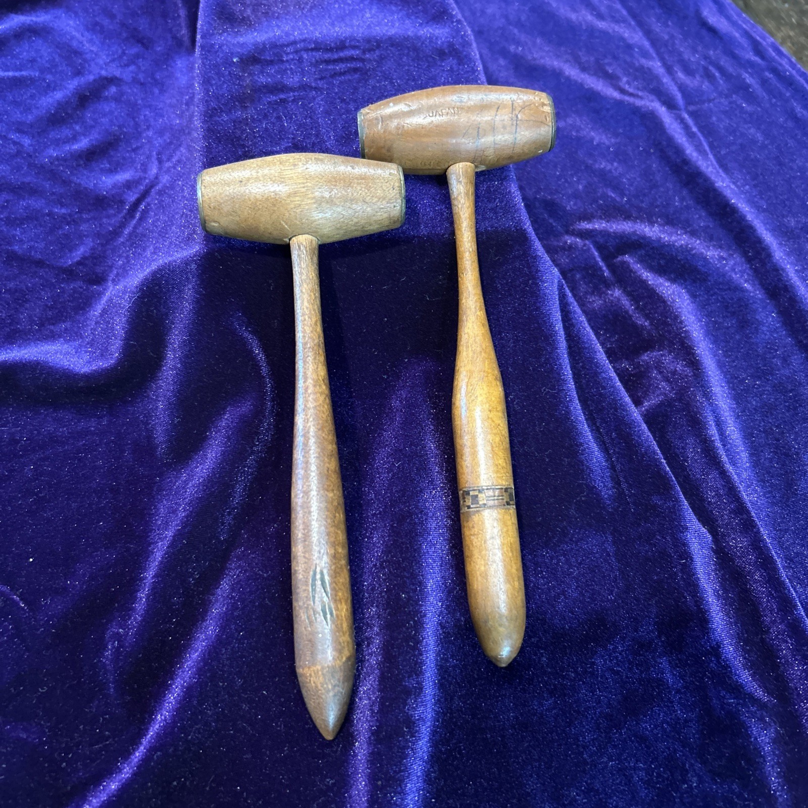 2 Vintage Wooden Gavels/Mallets Metal Ends. 1 W/inlay, Marked Japan.  Very Neat!