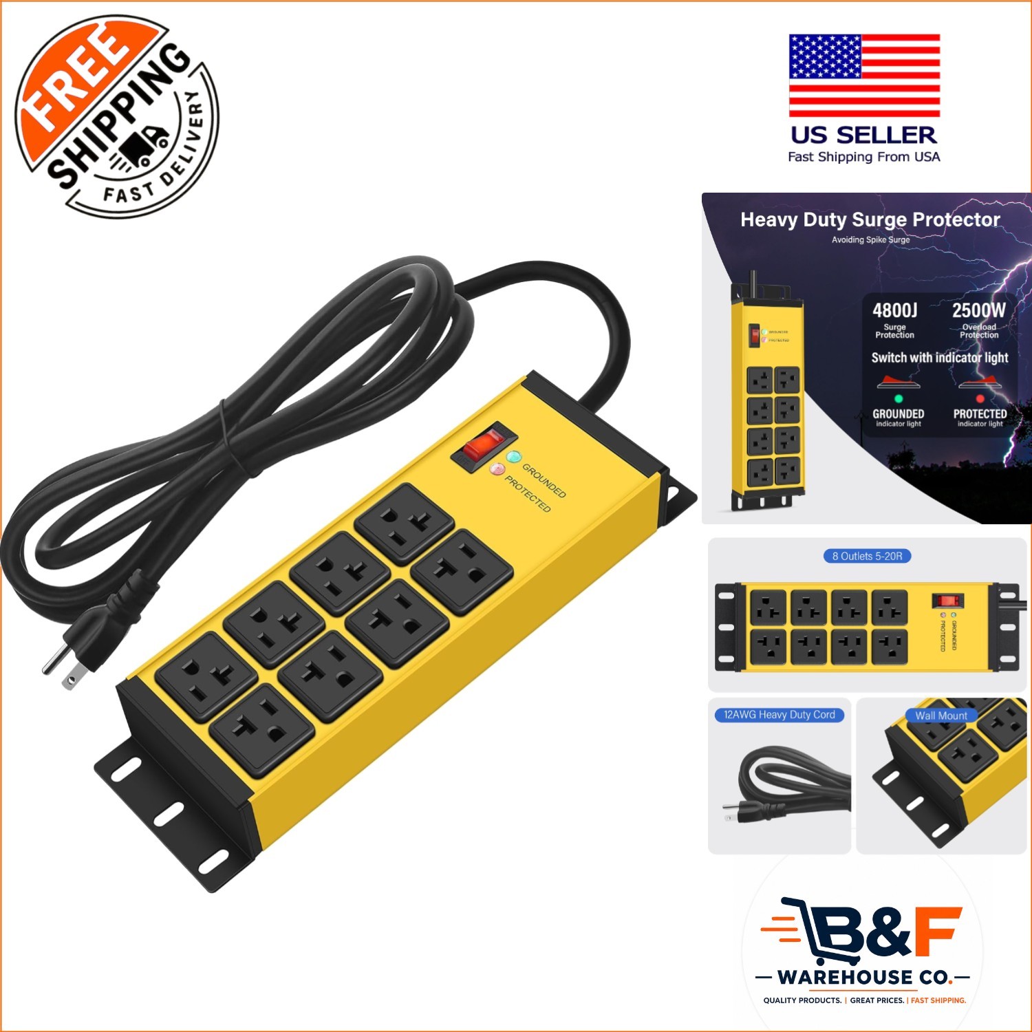6FT Heavy Duty Aluminum Power Strip | 8 Outlets, Surge Protection 4800 Joules