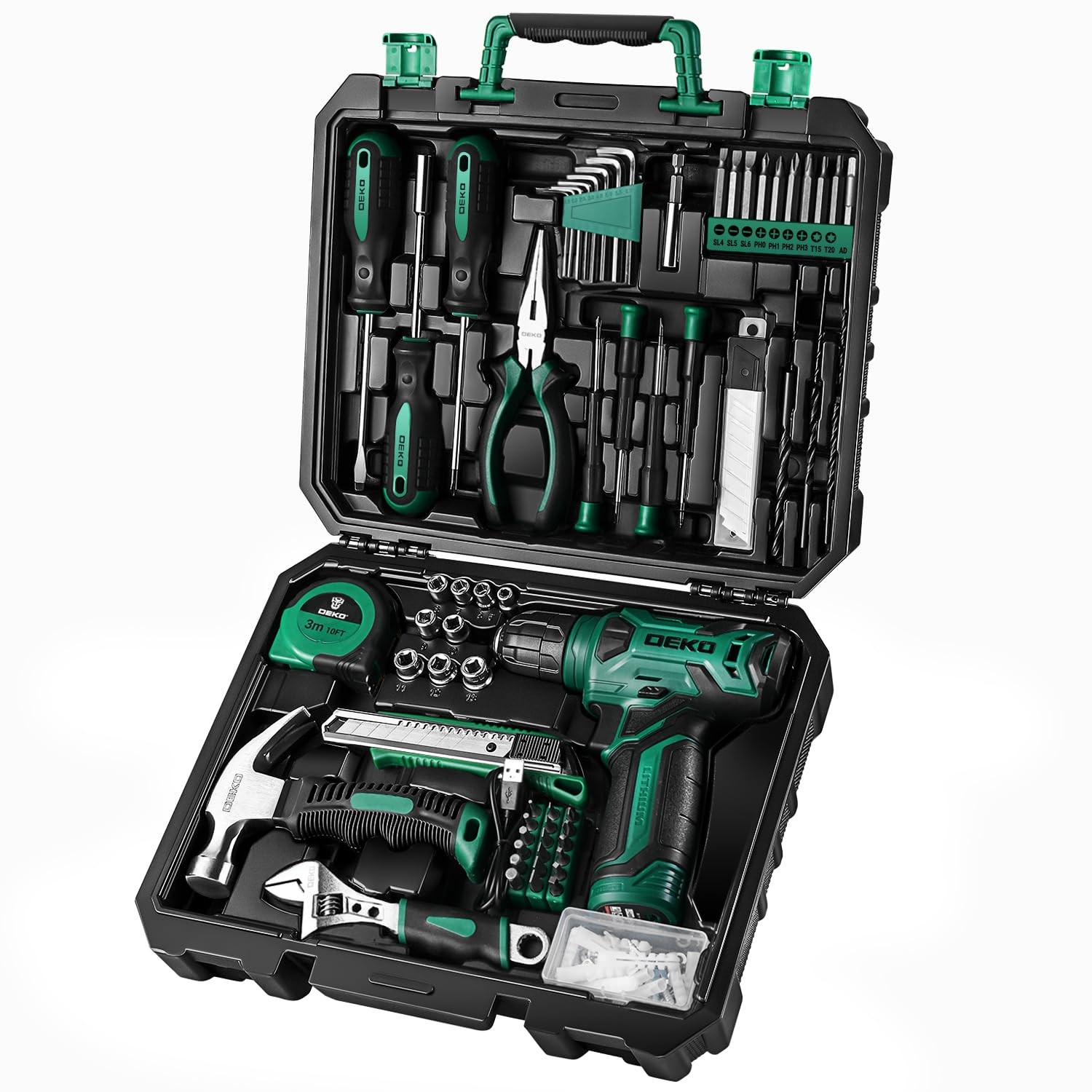 Tool Kit: 8V Cordless Drill, Home Toolbox with storage case, Hand Green