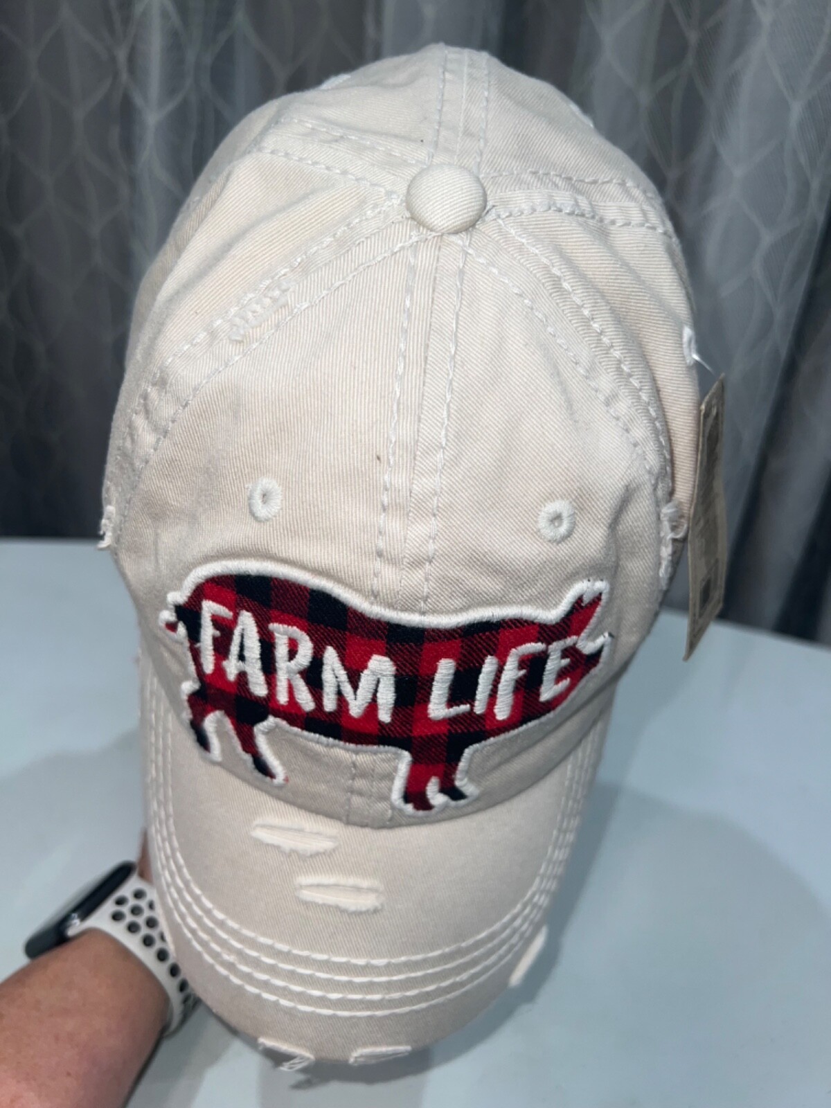 Farm Life Red Plaid Pig embroidered white distressed Hat Cap Hook Loop-Tag EUC