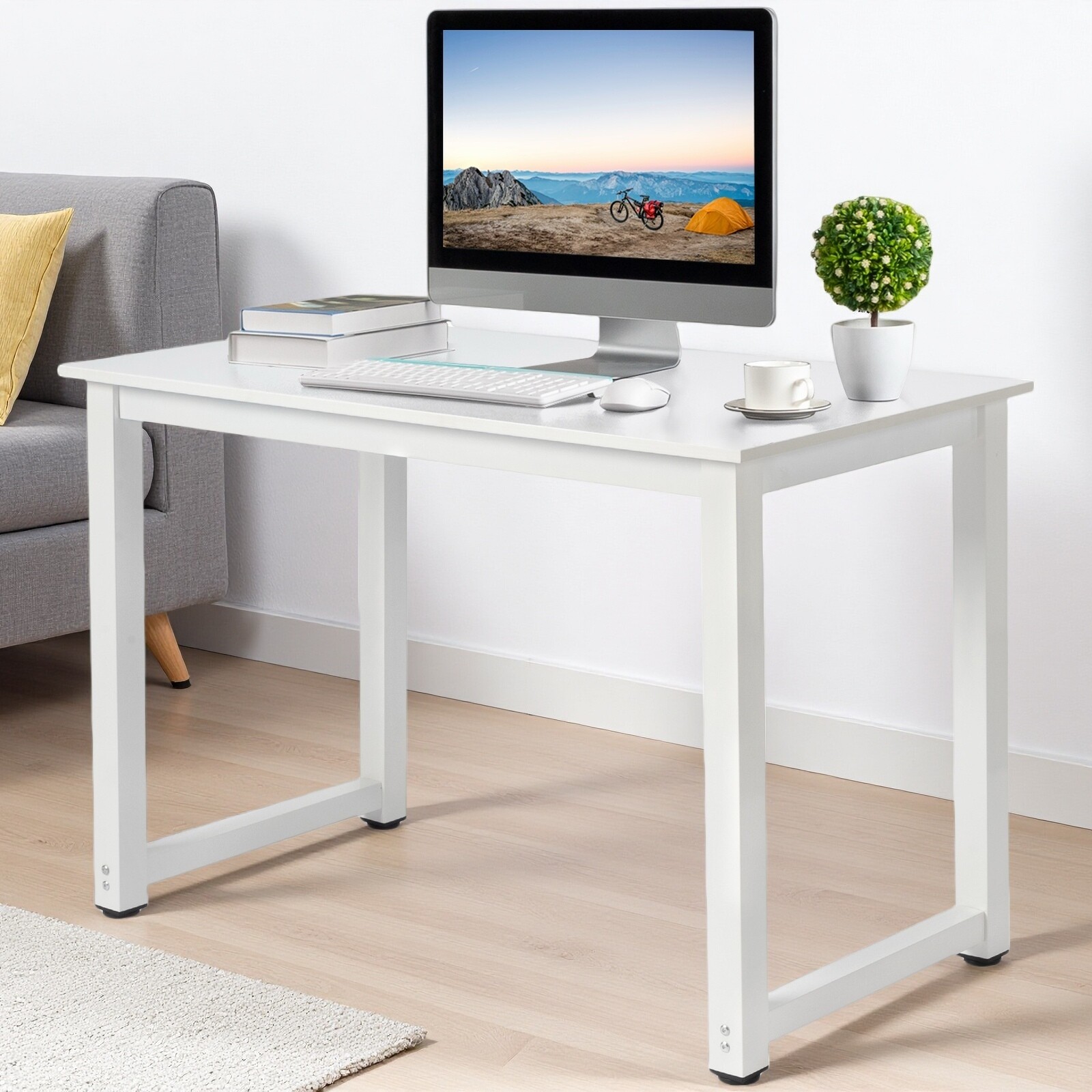 Simple Computer Desk - Portable, White, Steel White Frame & Adjustable Foot Pad