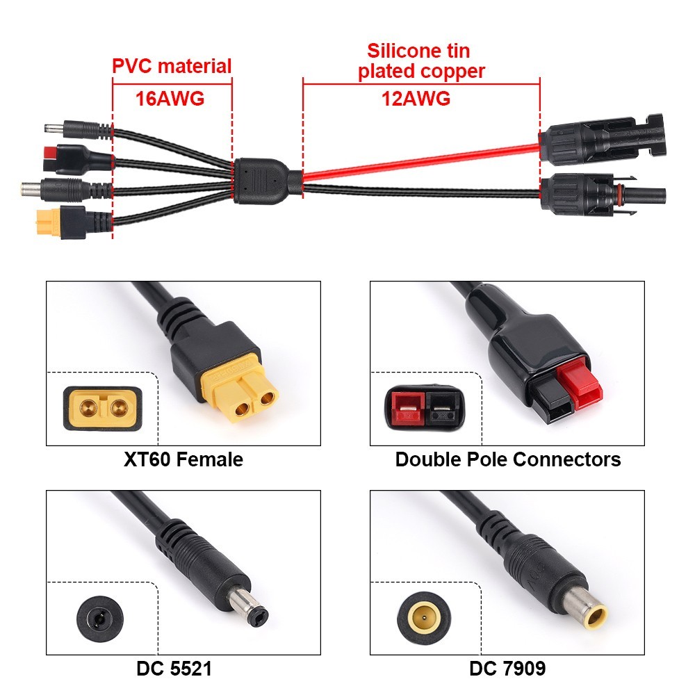 3ft/1m Solar Panel Extension Cable XT60 DC5521 DC7909 Connector Solar Panel Wire