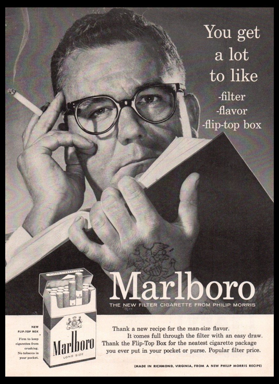 1956 Marlboro Man with book & glasses smoking-cigarette print ad-mini poster-