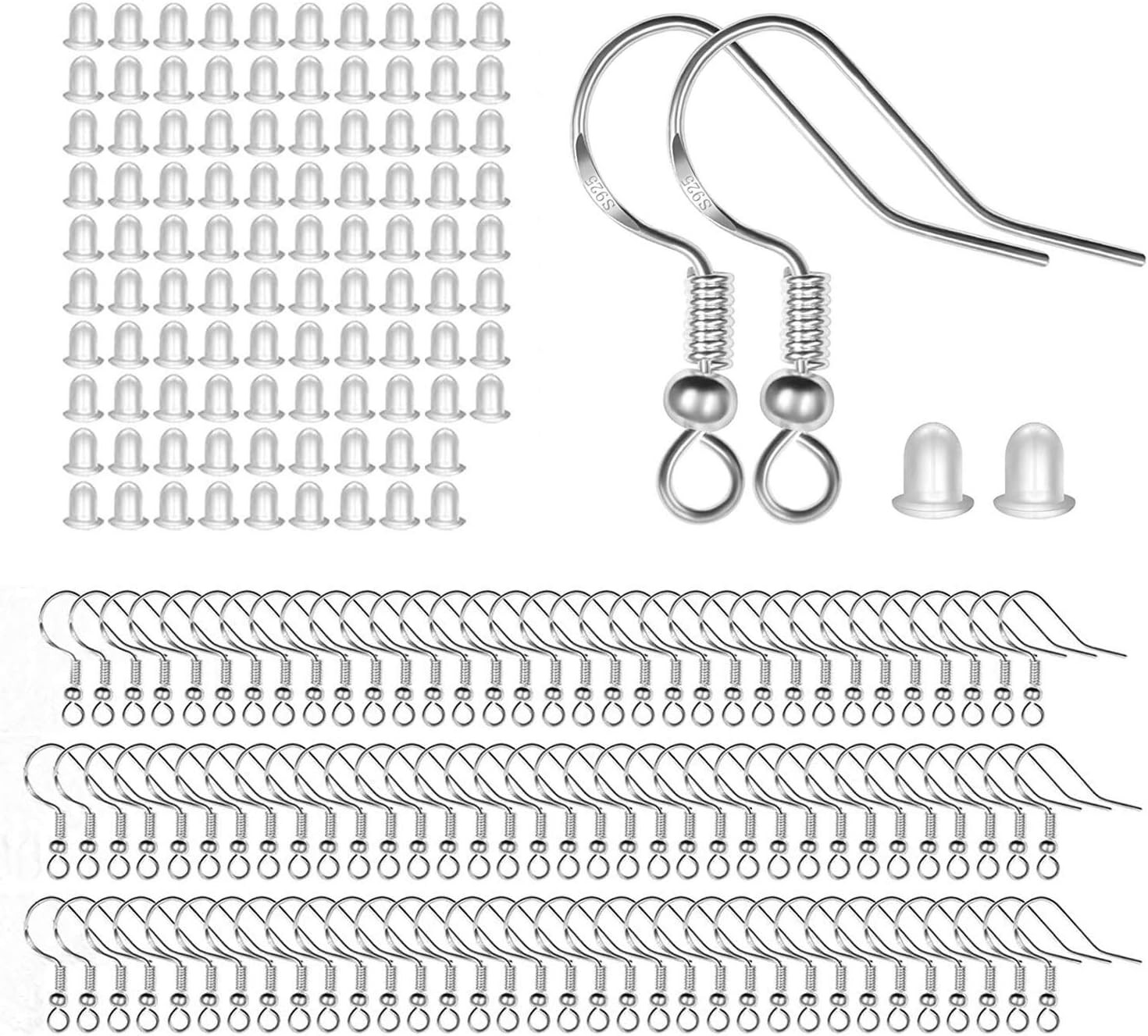 925 Sterling Silver Earring Hooks with Safety Backs Stoppers 100 Pairs
