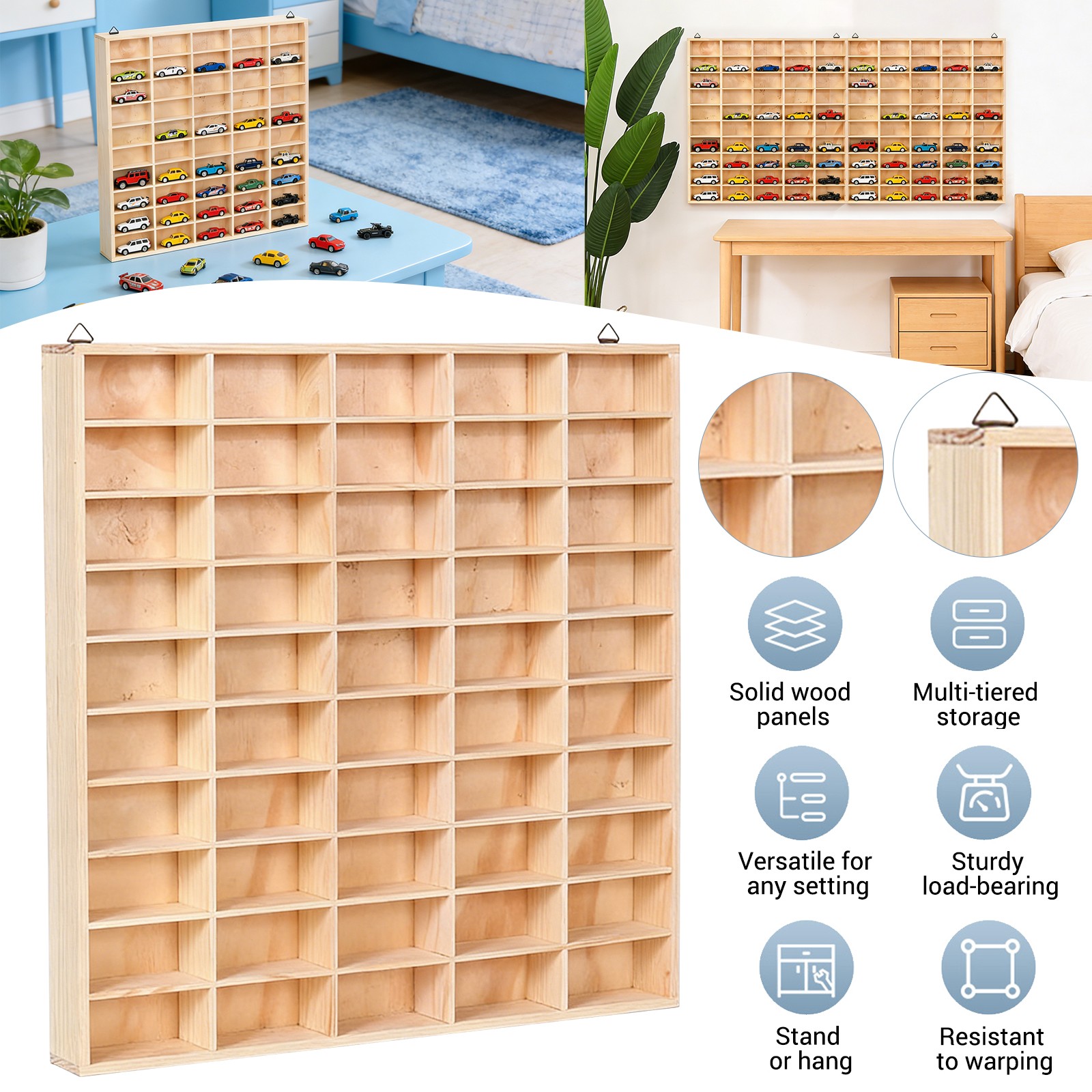 50-Grid Wood Wall Mounted Display Case Storage Shelf For 1/64 Scale Diecast Car
