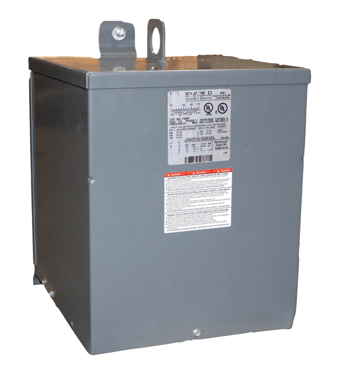 Square D 7S60F Transformer 7.5kVA 208V Primary 120/240V Sec. 1‑Ph 60Hz NEMA 3R