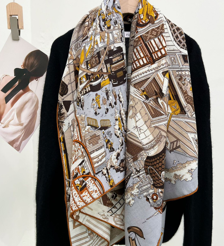 70% Cashmere 30% Silk Wrap Scarf street Print Double Face Print Shawl 135X135cm