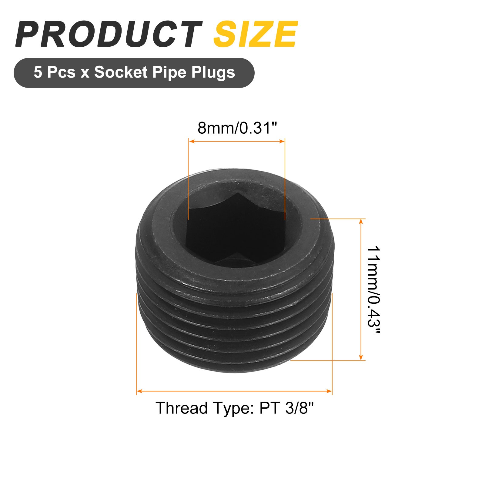 5Pcs Socket Pipe Plugs, PT 3/8"Carbon Steel Hex Thread Pipe Caps, Black
