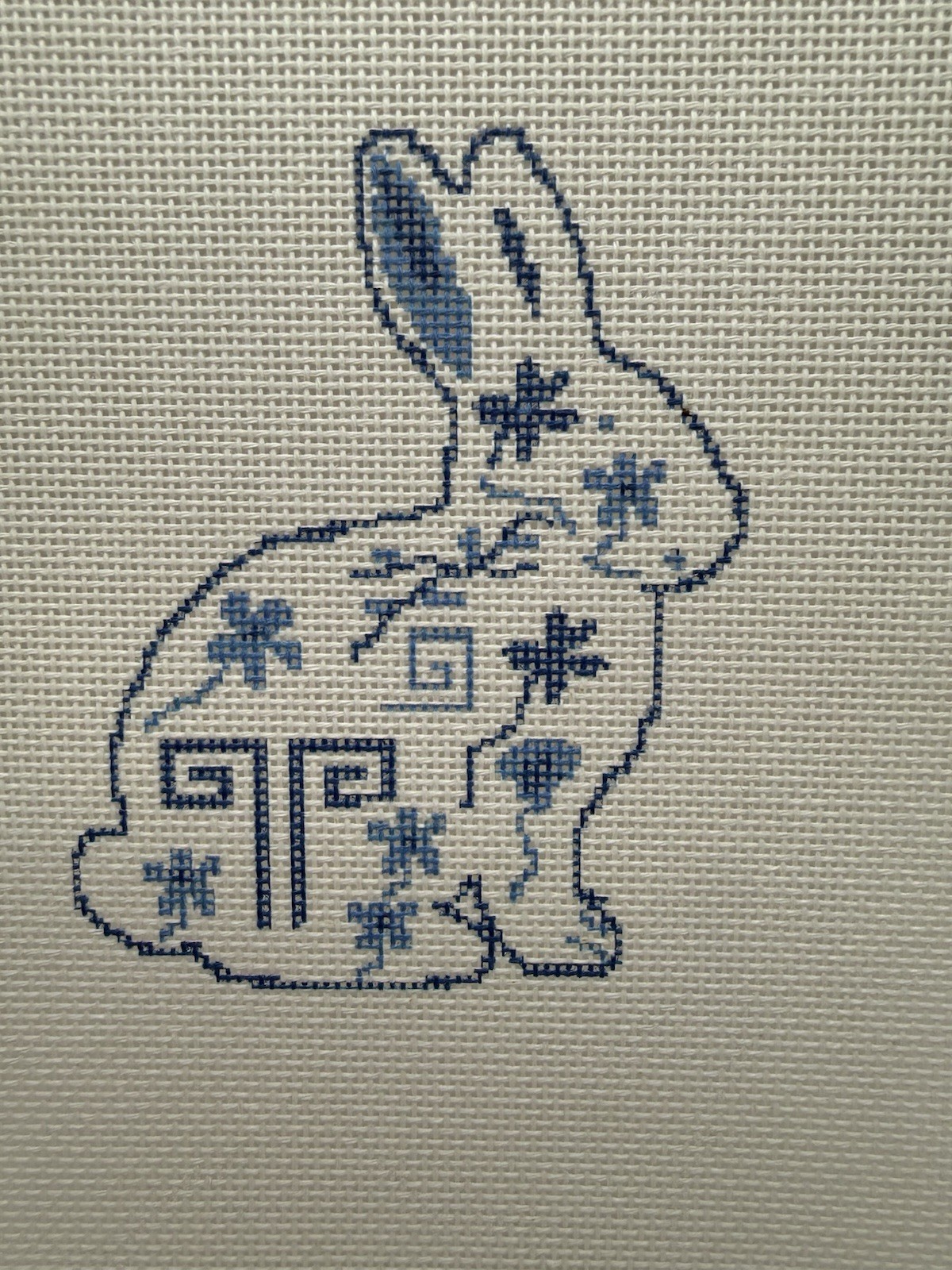 Blue and White Chinoiserie Easter Bunny Needlepoint Canvas