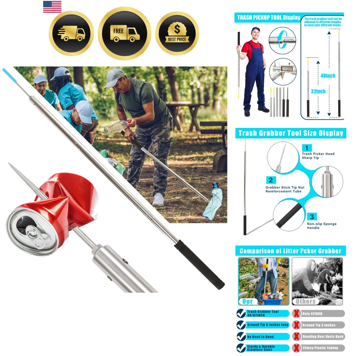 Trash Pickup Tool,48Inch Upper Grabber High-Duty Stainless Steels Tip Lightwe...