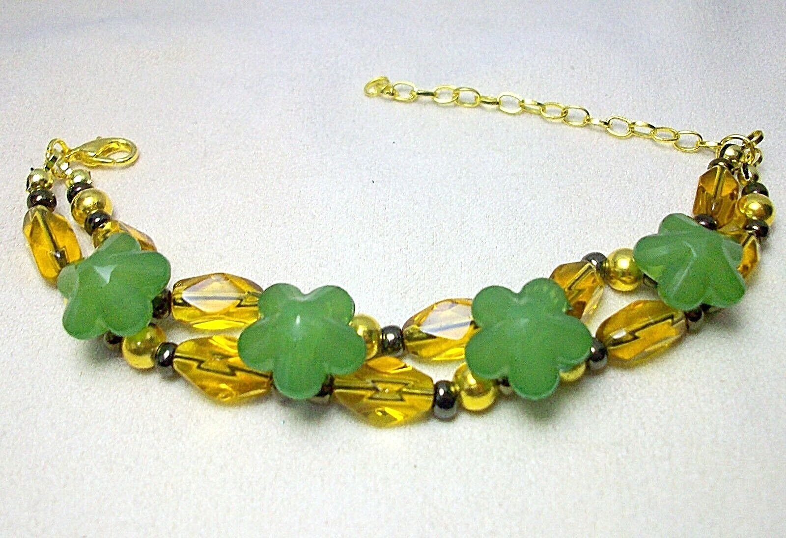 NEW GREEN GOLD BROWN FLOWERS BEADS BRACELET LENGTH 7.5 - 9.5 INCHES
