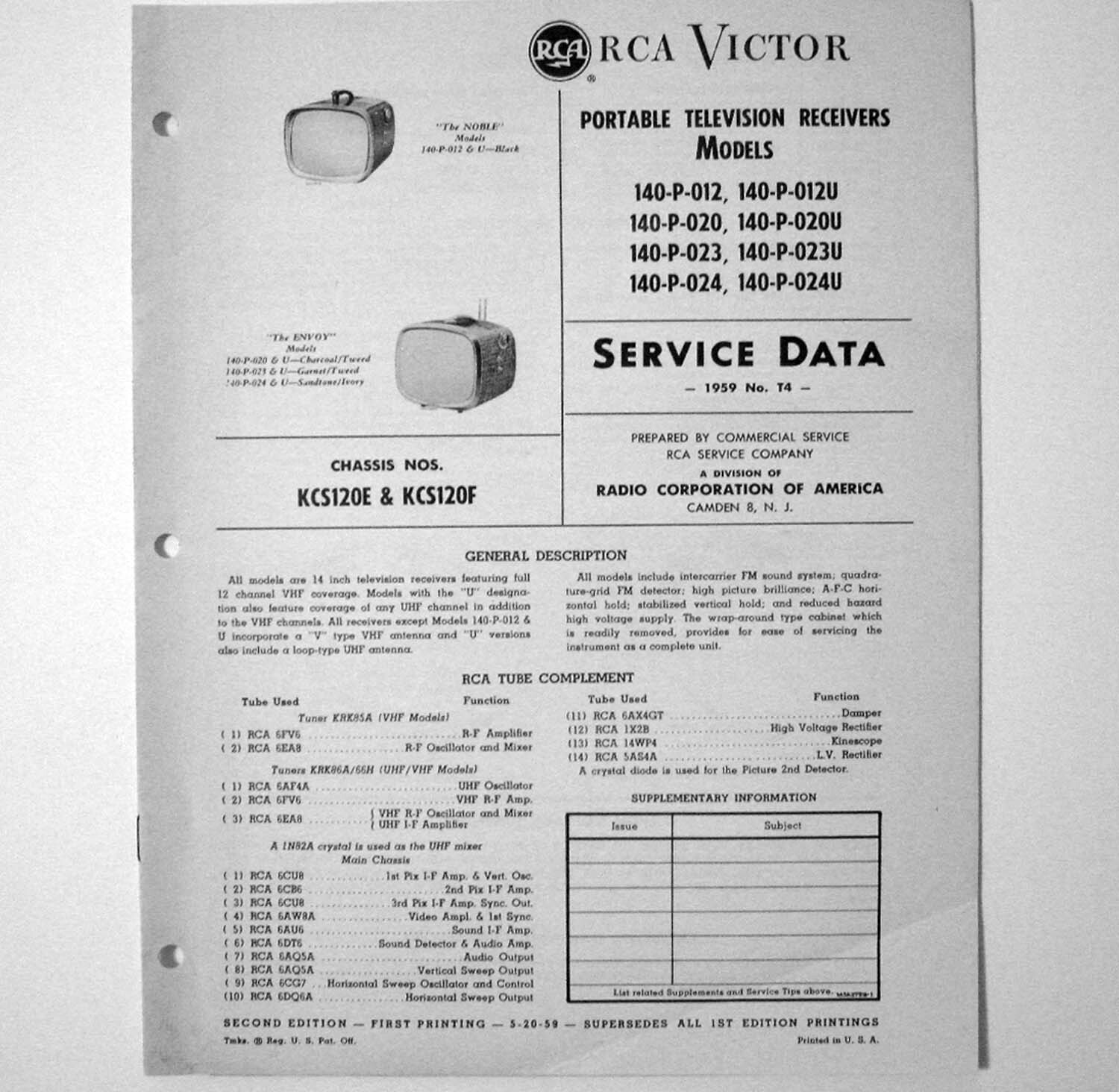 RCA Victor ® Model 140-P012 14-P-020 140-P-023 140-P-024 Service Manual © 1959