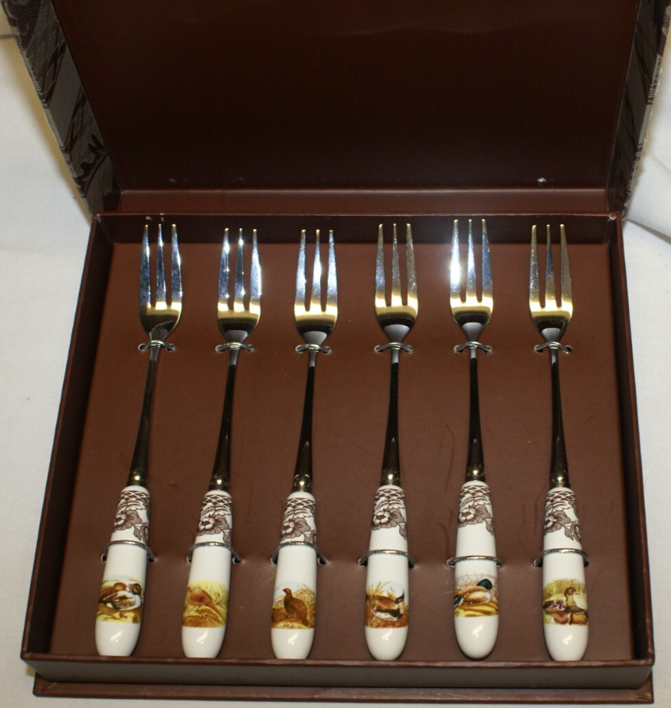 6 Spode Woodland Motif Cocktail Pastry Forks Porcelain Ceramic Stainless Steel