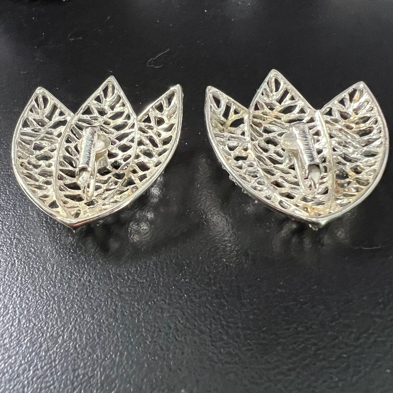 Vintage Emmons Leaf Clip On Earrings Open Metal Work Brushed Silver Tone