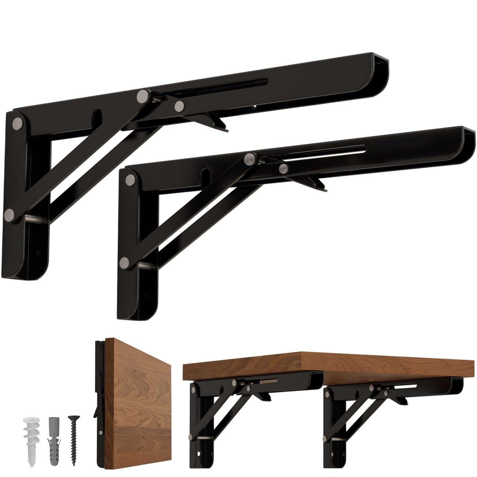 8 inch Folding Shelf Brackets-2 Pack Foldable Heavy Duty Triangle Collapsible...