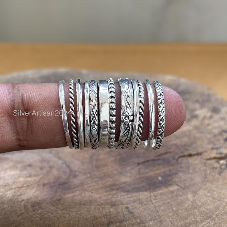 925 Sterling Silver Stacking Rings Set: Assorted Patterns, Thin & Thick All Size