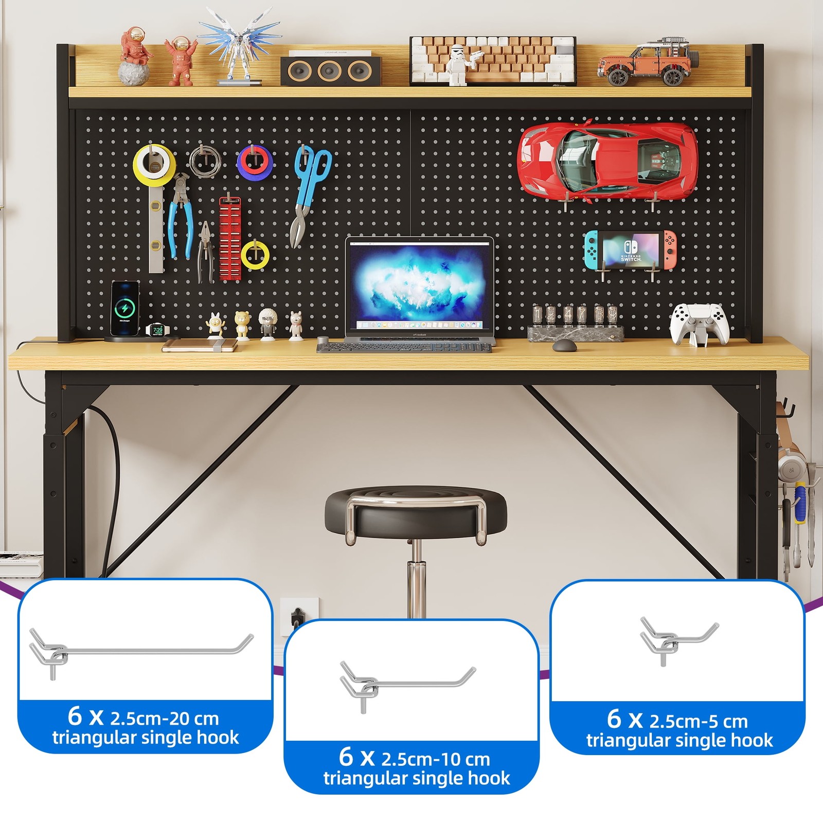 59” Heavy Duty Workbench w Pegboard Wheels Power Outlets 2000 lb